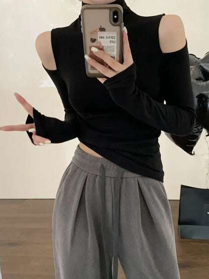 Camiseta de Cuello Alto y Manga Larga Ajustada para Mujer