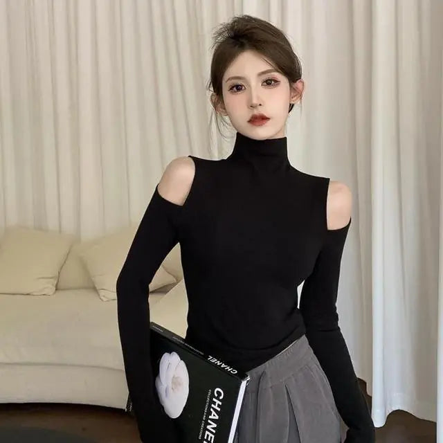 Camiseta de Cuello Alto y Manga Larga Ajustada para Mujer