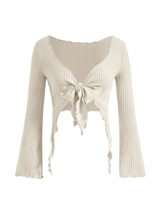 SOLY HUX Blusa Corta para Mujer con Mangas Largas Acampanadas, Cuello en V, Lazo Frontal, Camisetas Sexys Asimétricas, Ajustadas, Color Beige Puro Talla S