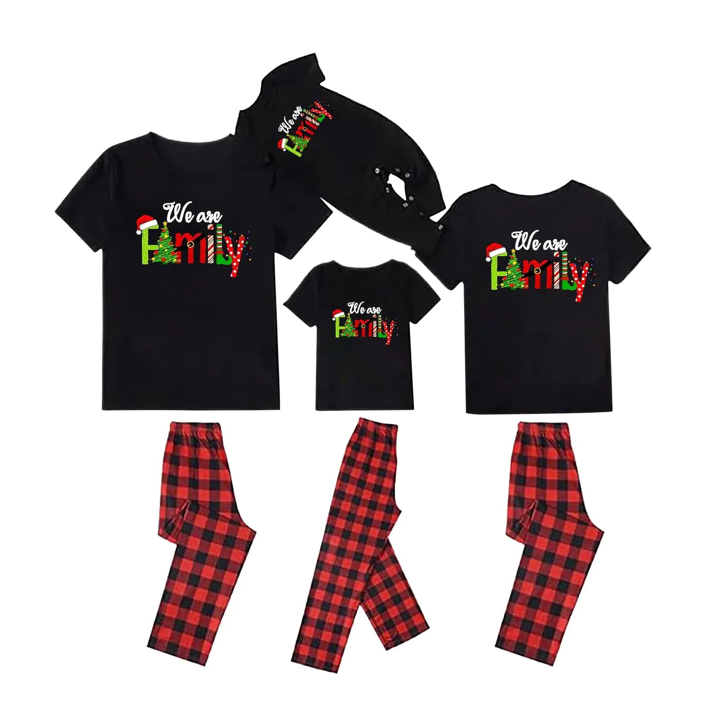Pijamas Navideños para Familia de Manga Corta, Conjuntos Combinados para Navidad Pijamas de Pareja Camisetas y Pantalones a Cuadros A-negro