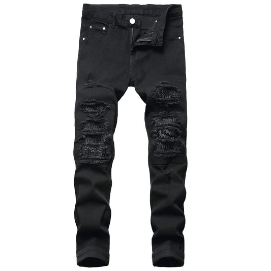 QIMYUM Jeans Ajustados Elásticos para Hombre, Pantalones de Mezclilla Rectos y Desgastados, Jeans de Motociclista de Moda, Jeans Rasgados y Ajustados para Hombre