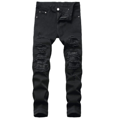 QIMYUM Jeans Ajustados Elásticos para Hombre, Pantalones de Mezclilla Rectos y Desgastados, Jeans de Motociclista de Moda, Jeans Rasgados y Ajustados para Hombre