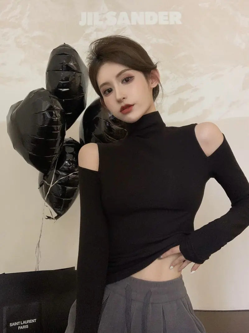 Camiseta de Cuello Alto y Manga Larga Ajustada para Mujer