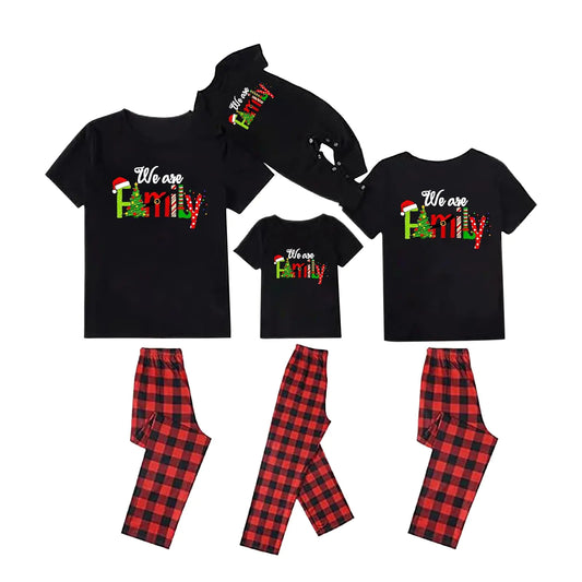 Pijamas Navideños para Familia de Manga Corta, Conjuntos Combinados para Navidad Pijamas de Pareja Camisetas y Pantalones a Cuadros A-negro