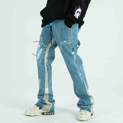 Color Block Painted Drawstring Jeans for Men