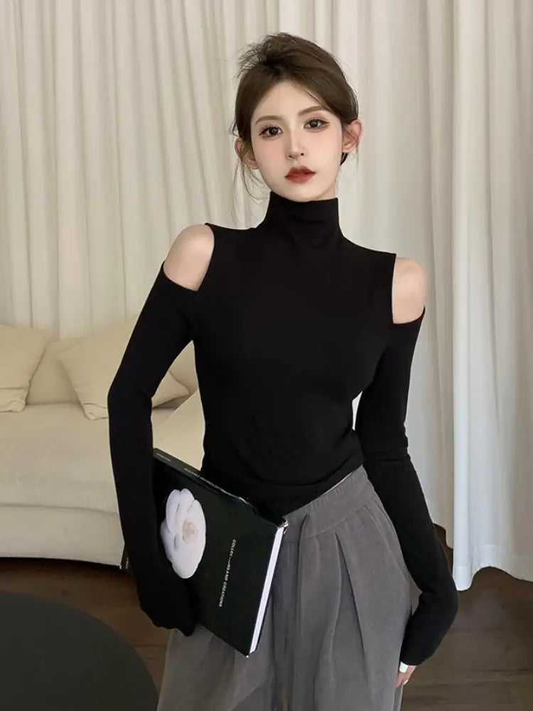 Camiseta de Cuello Alto y Manga Larga Ajustada para Mujer